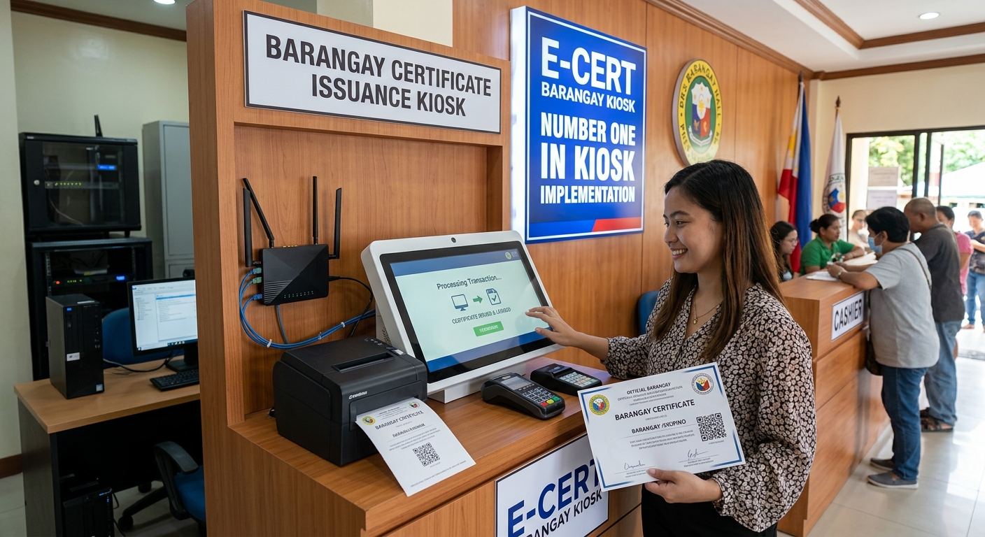 A resident at a Barangay Certificate Issuance Kiosk holding a printed barangay certificate